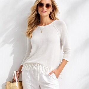 J.McLaughlin Women Fringe Hem Knit Sweater Top M Italian Yarn Resort Nautical